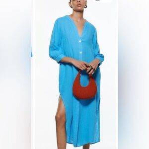 ZARA Bright Turquoise Button-Front Midi Dress